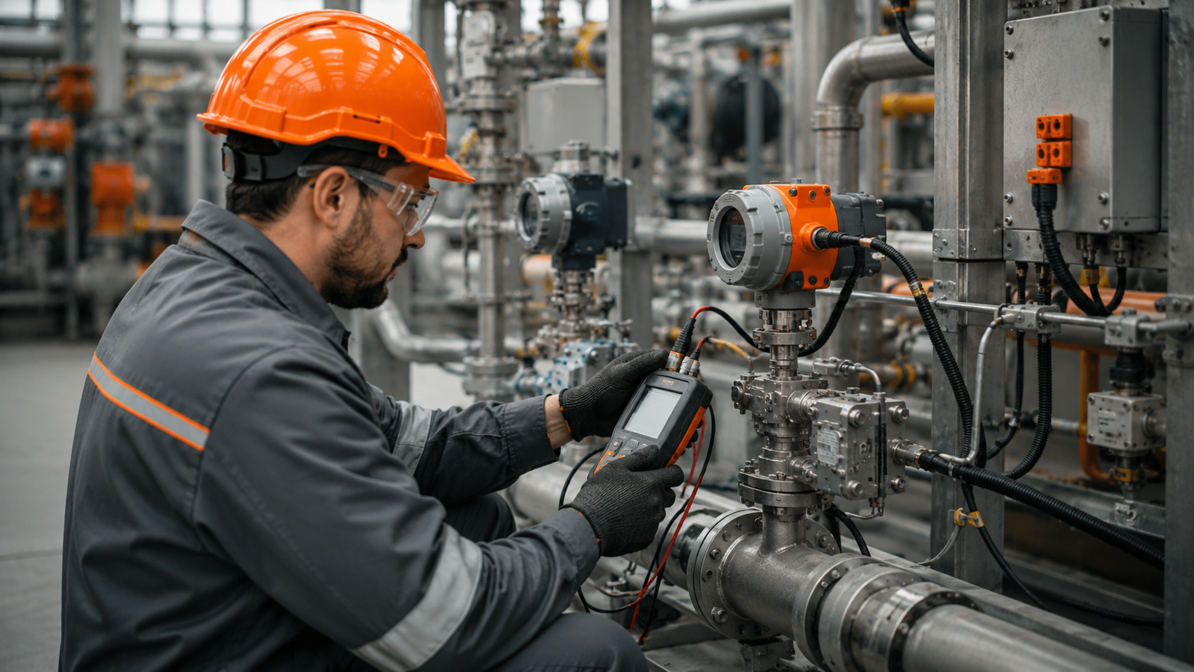 Técnico verificando instrumentação industrial em campo