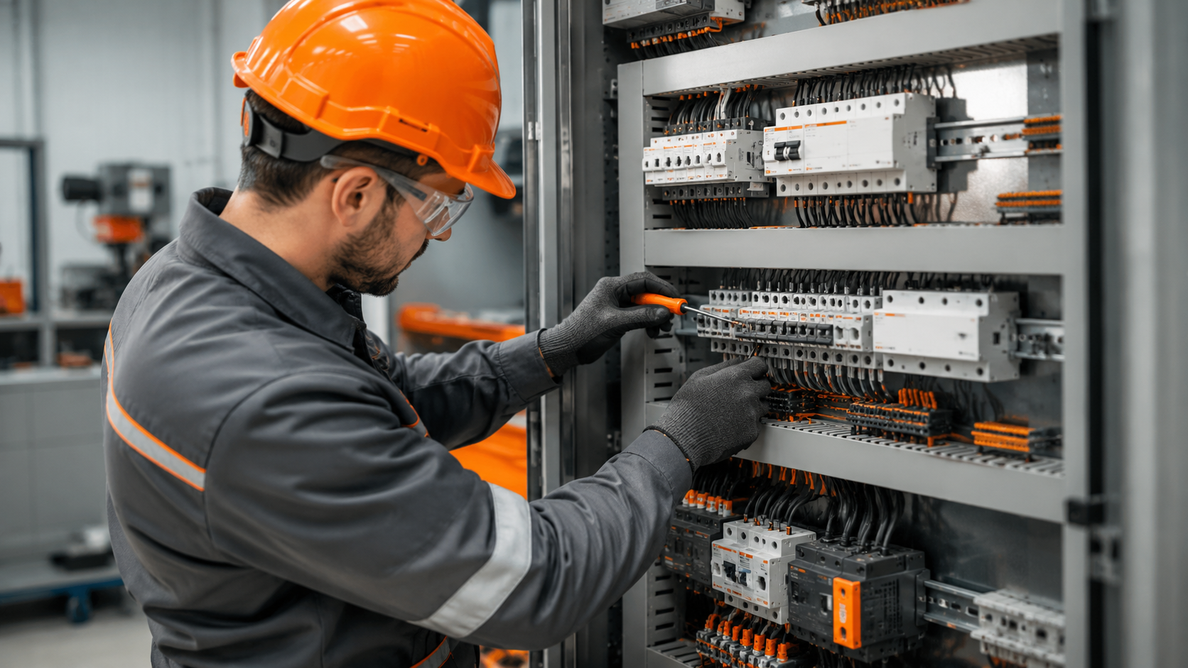 Técnico montando painel elétrico industrial