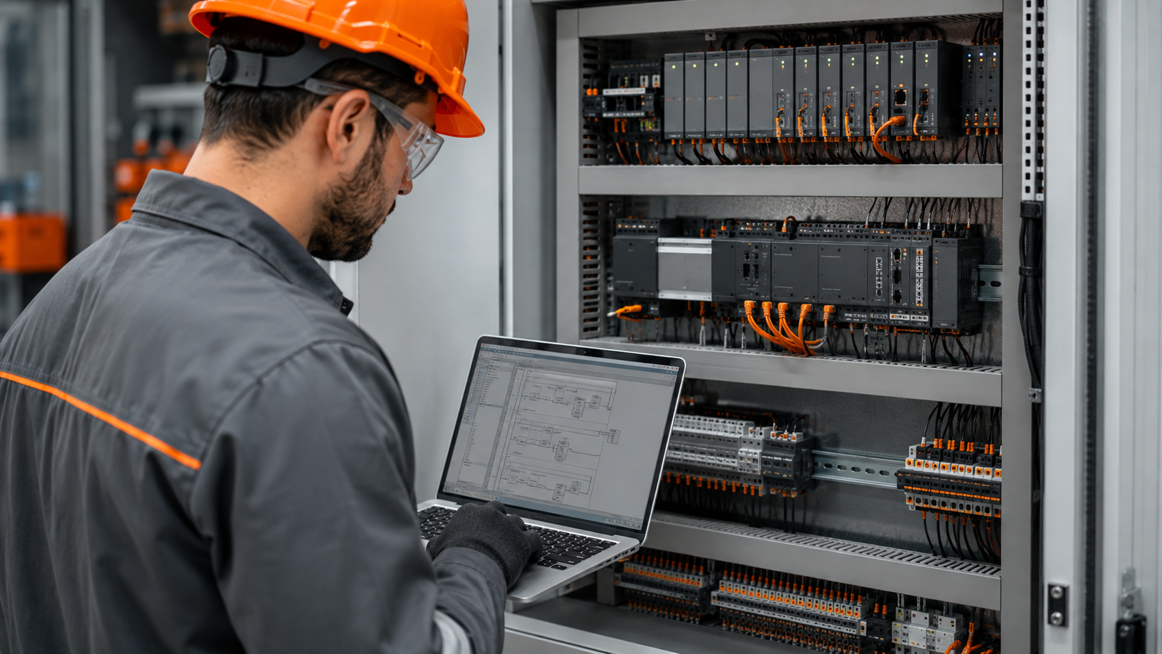 Técnico programando CLP em painel industrial