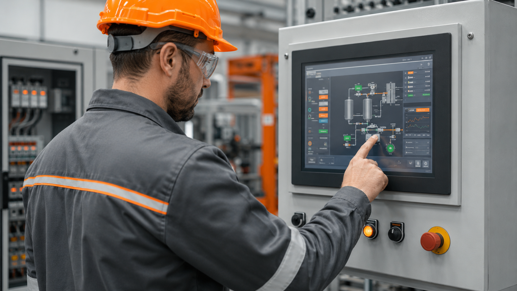 Técnico operando interface IHM industrial