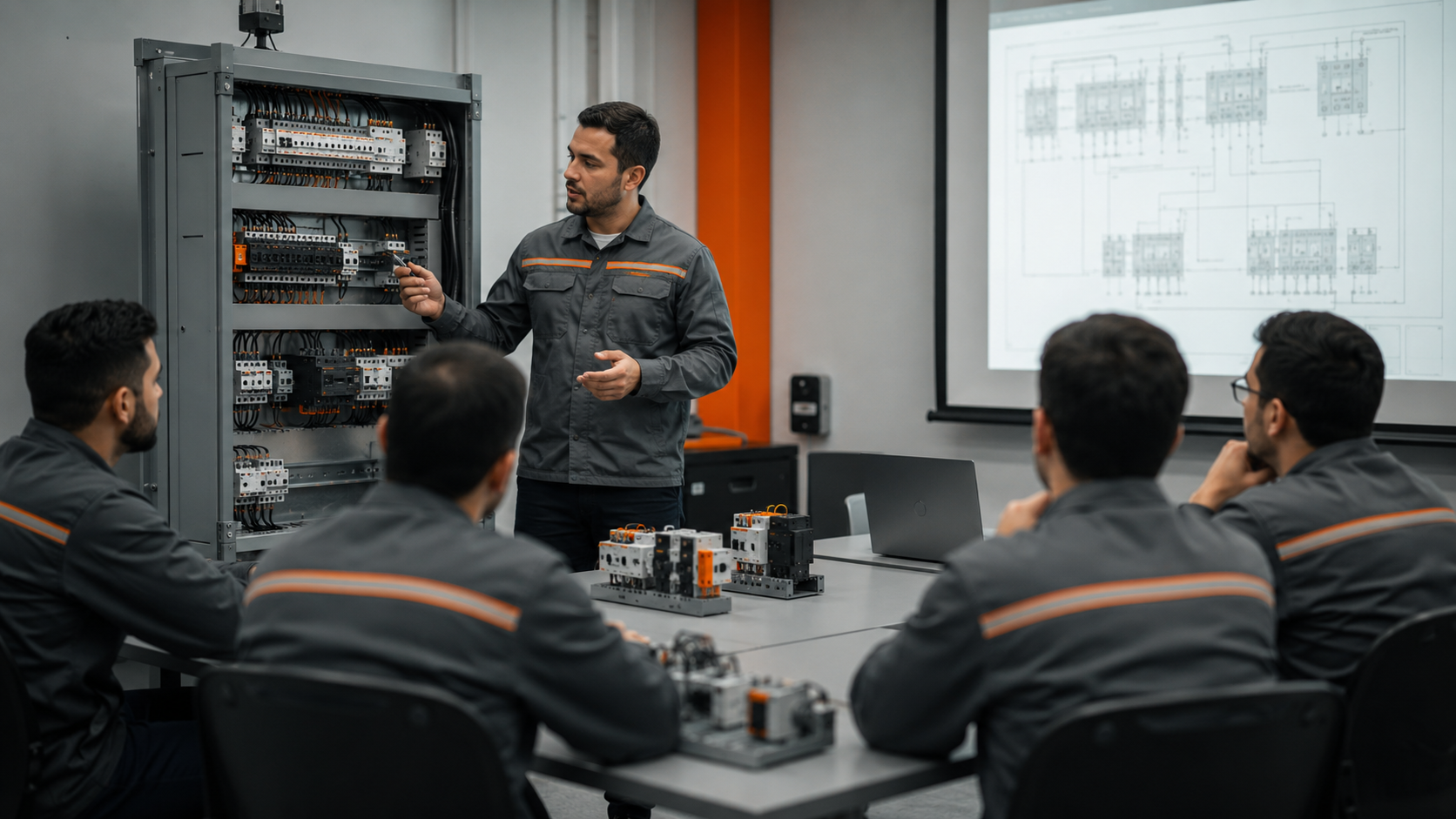 Instrutor realizando treinamento técnico em automação industrial